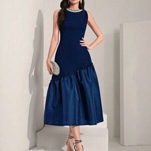 Modelyn Pearls Royal Blue Pearl Neckline Ruffle Hem Midi Dress